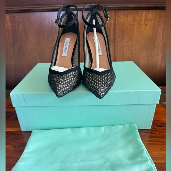 Aquazzura Asha Mesh Leather Pump 85 Black Heels – Size 37 – NIB - Picture 10 of 12